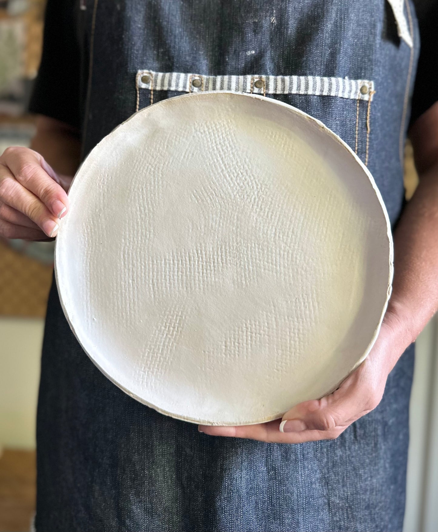 Handmade Stoneware Dinnerware Set In Matte White With Burlap Texture