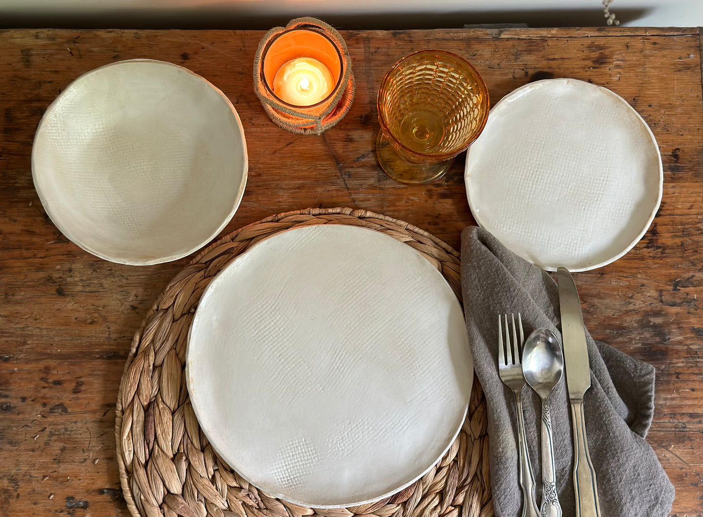 Handmade Stoneware Dinnerware Set In Matte White With Burlap Texture