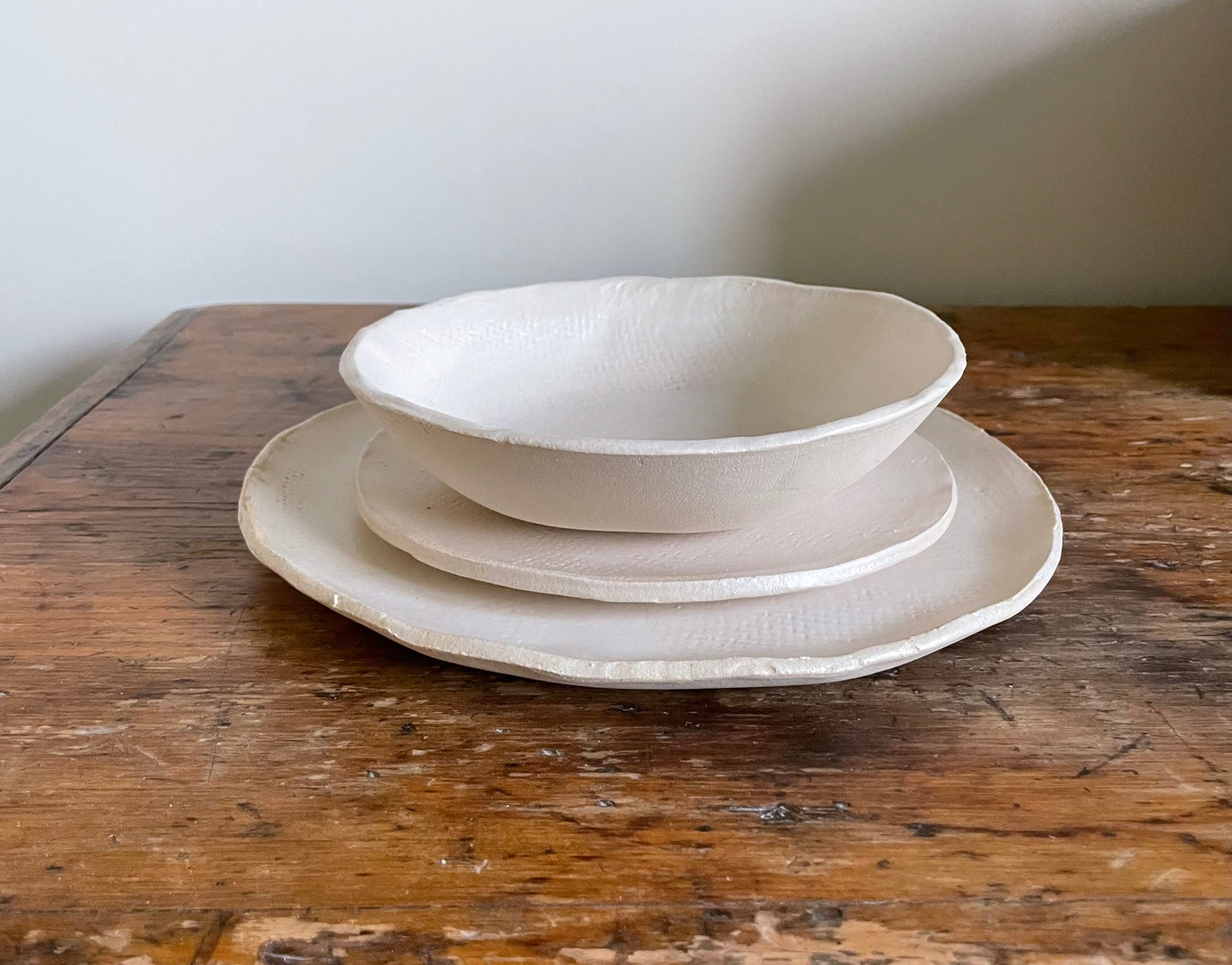 Handmade Stoneware Dinnerware Set In Matte White With Burlap Texture