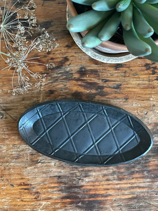 Handmade Oval Trinket Dish In Black Matte Finish and Raised Design