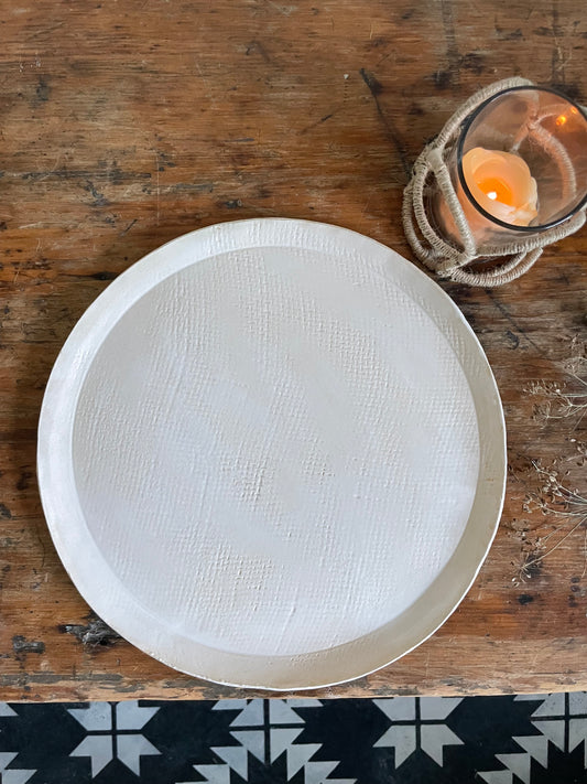 Large Handmade Ceramic Serving Platter in Matte White Finish and Burlap Texture