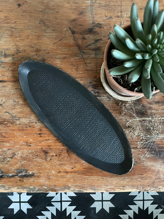 Handmade Stoneware Oval Tray in Black Matte with Burlap Texture