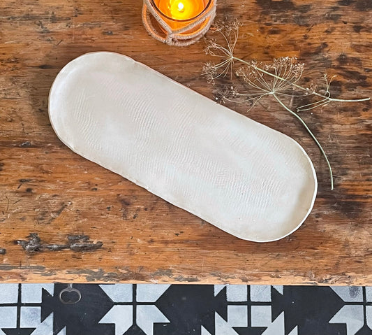 Handmade Oval Serving Platter In Matte White With Burlap Texture